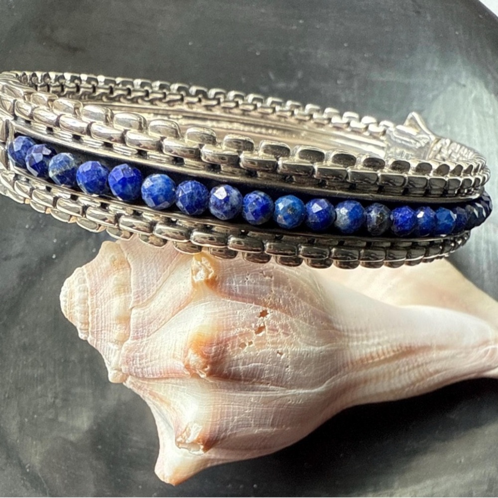 JOHN HARDY by Jai SS Faceted Lapis Beads Classic Chain Hinged Bangle